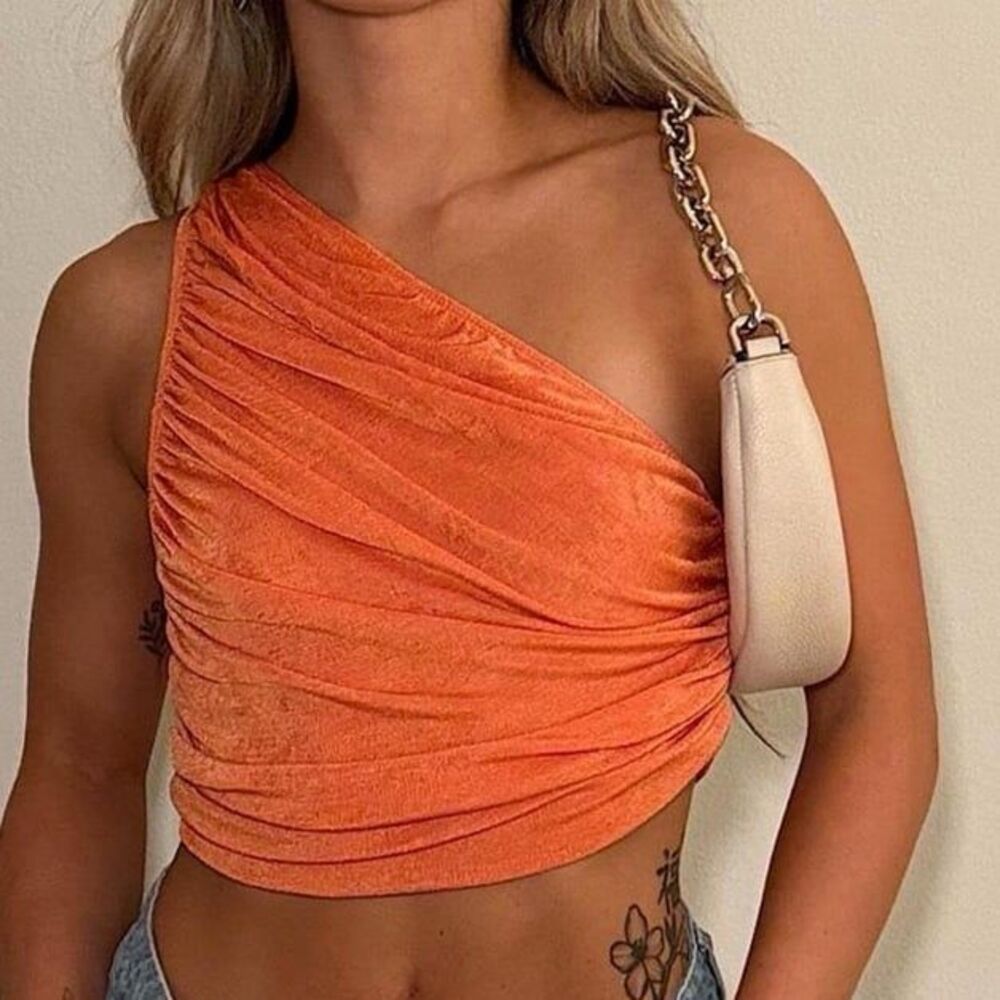 Lioness orange one shoulder slinky ruched top